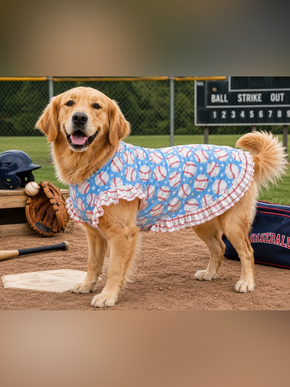 Griffy & Drake Blue Baseball-Print Dog Dress with Red Ruffle Trim XL 25-45 lbs